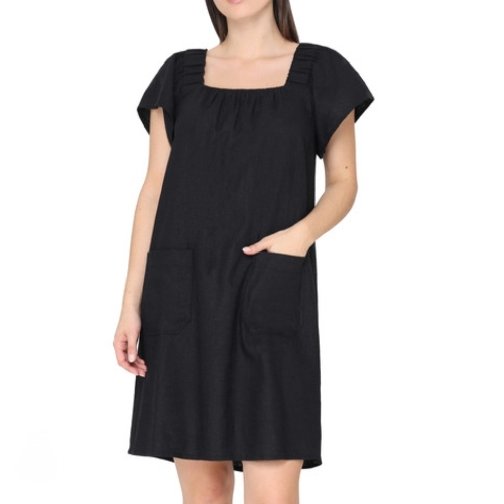 Nicole Millar Dress Babydoll Women's Size Small Black Linen Blend Square Neck